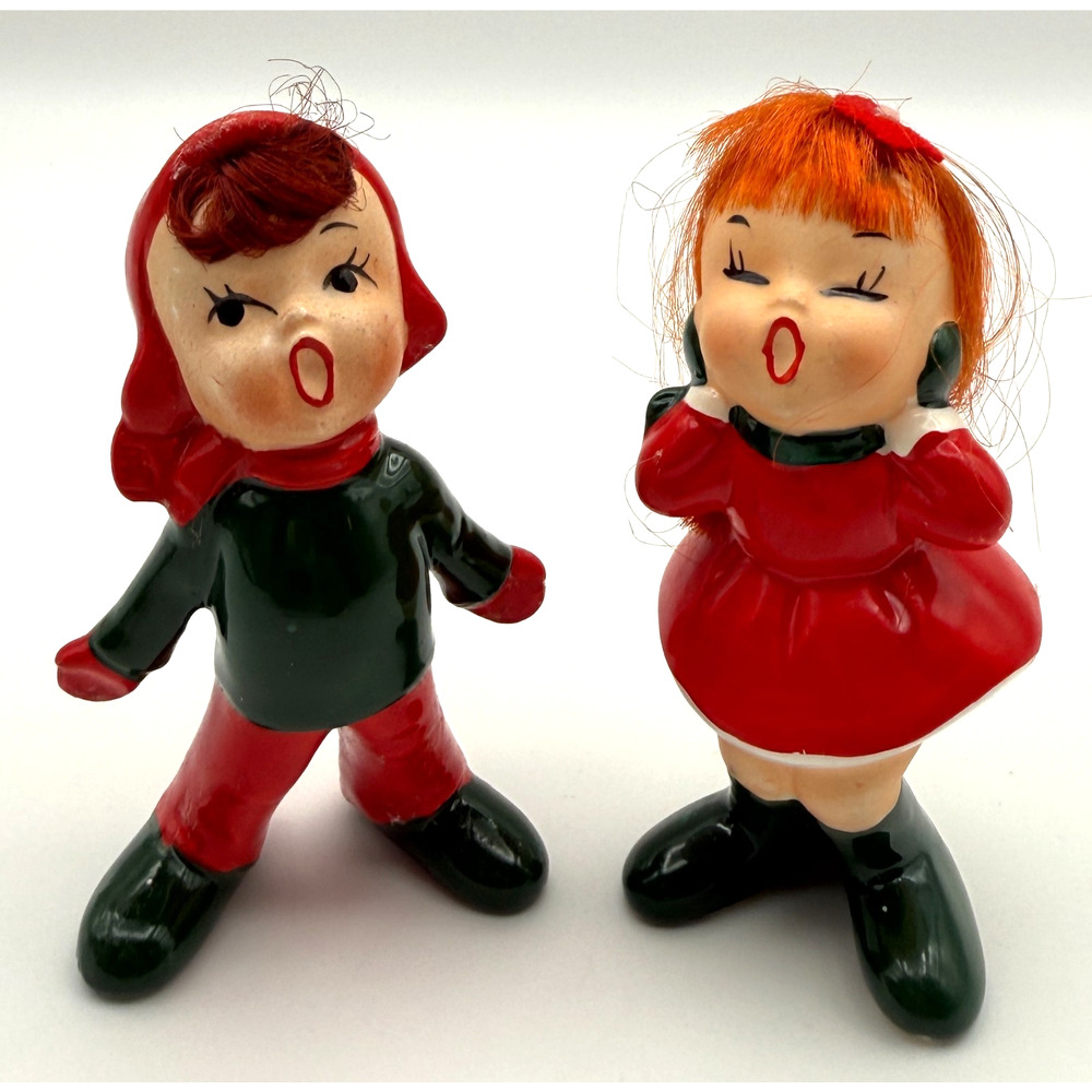 Set of 2 Vintage Napco Caroler Figurines Red Hair X-7592 Stickers Japan MCM READ
